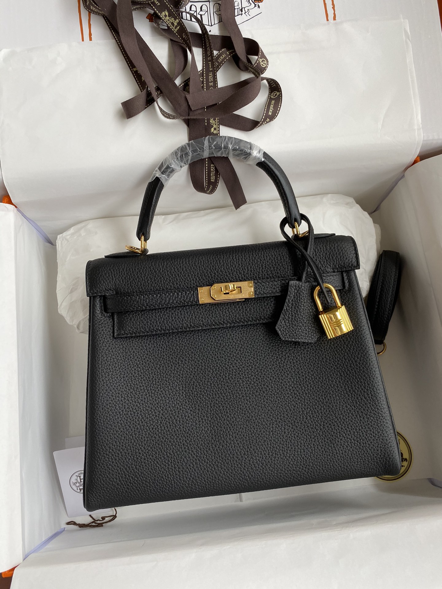 Hermes Kelly 25cm Handbag Shoulder Bag in Black Togo Leather